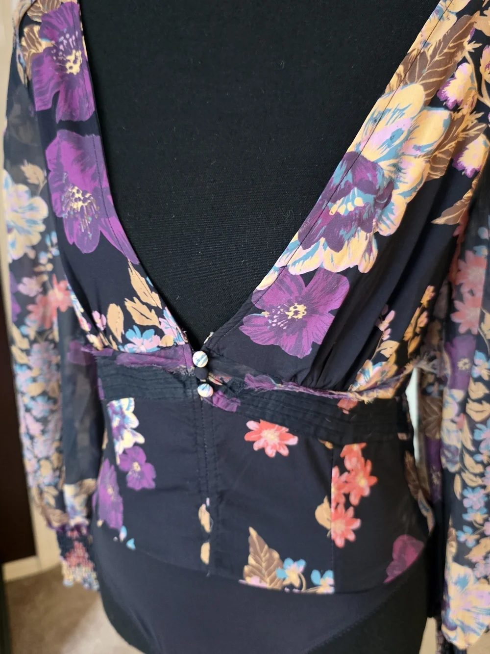 Free People NWT Floral Sheer Sleeve Bodysuit XS Whimsigoth Boho Gothic Top